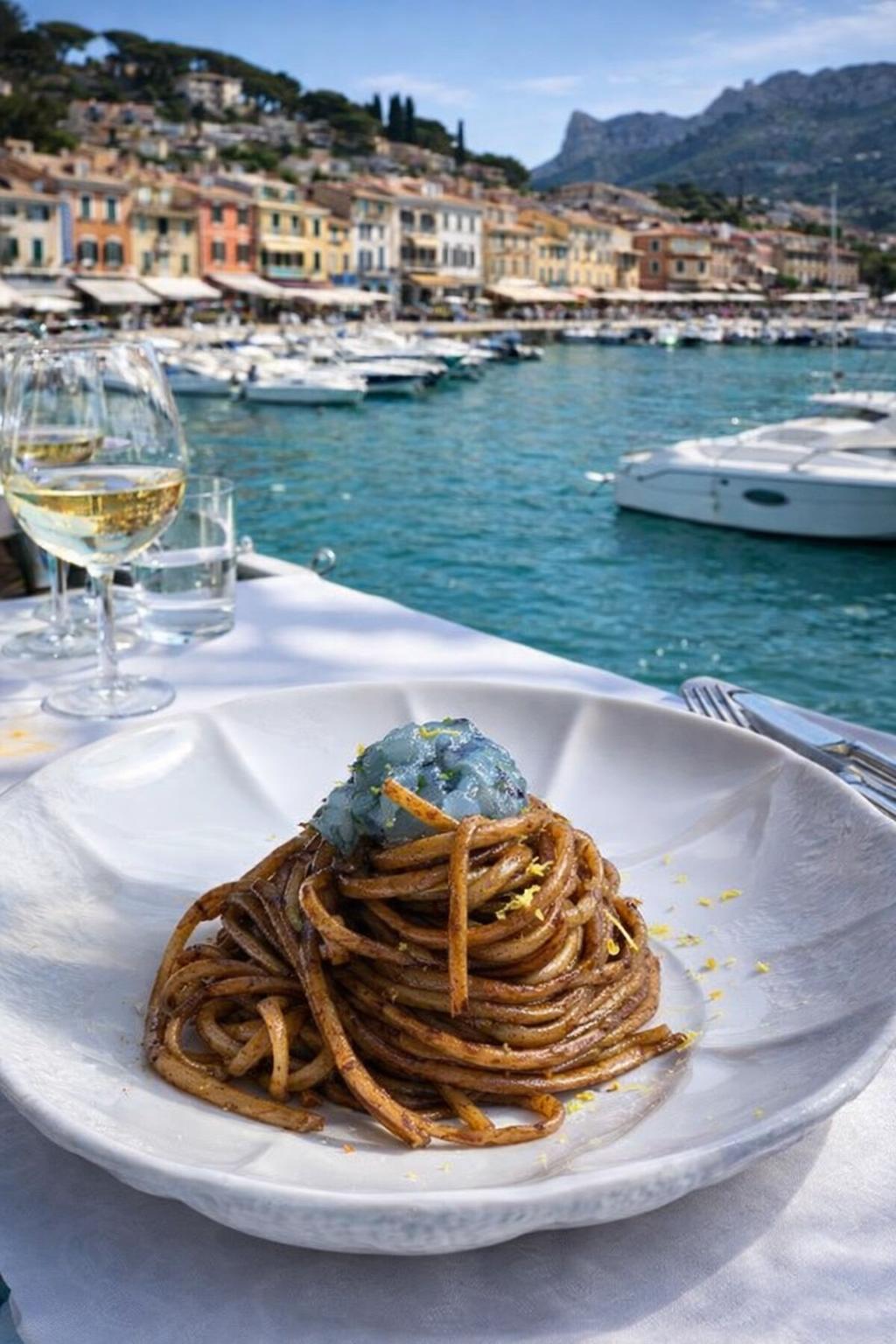 Assiette de linguine face à un port méditerranéen, ambiance éditoriale haut de gamme