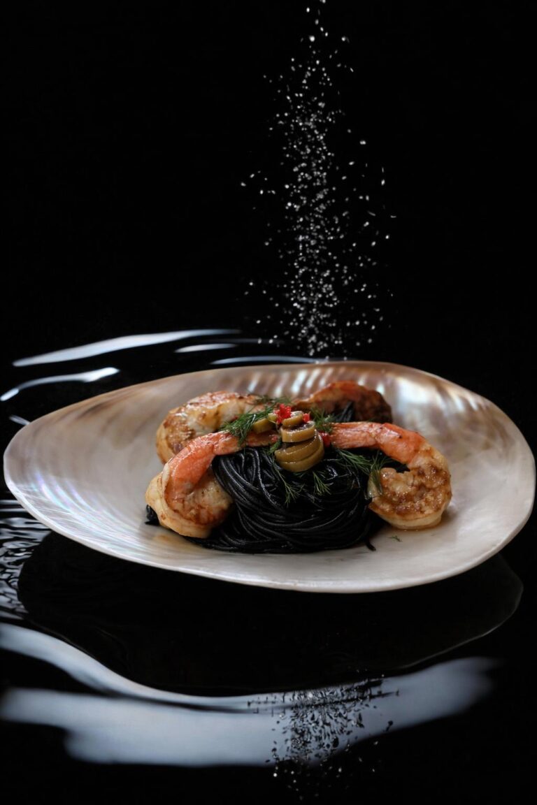 Spaghetti à l’encre de seiche et gambas bleues